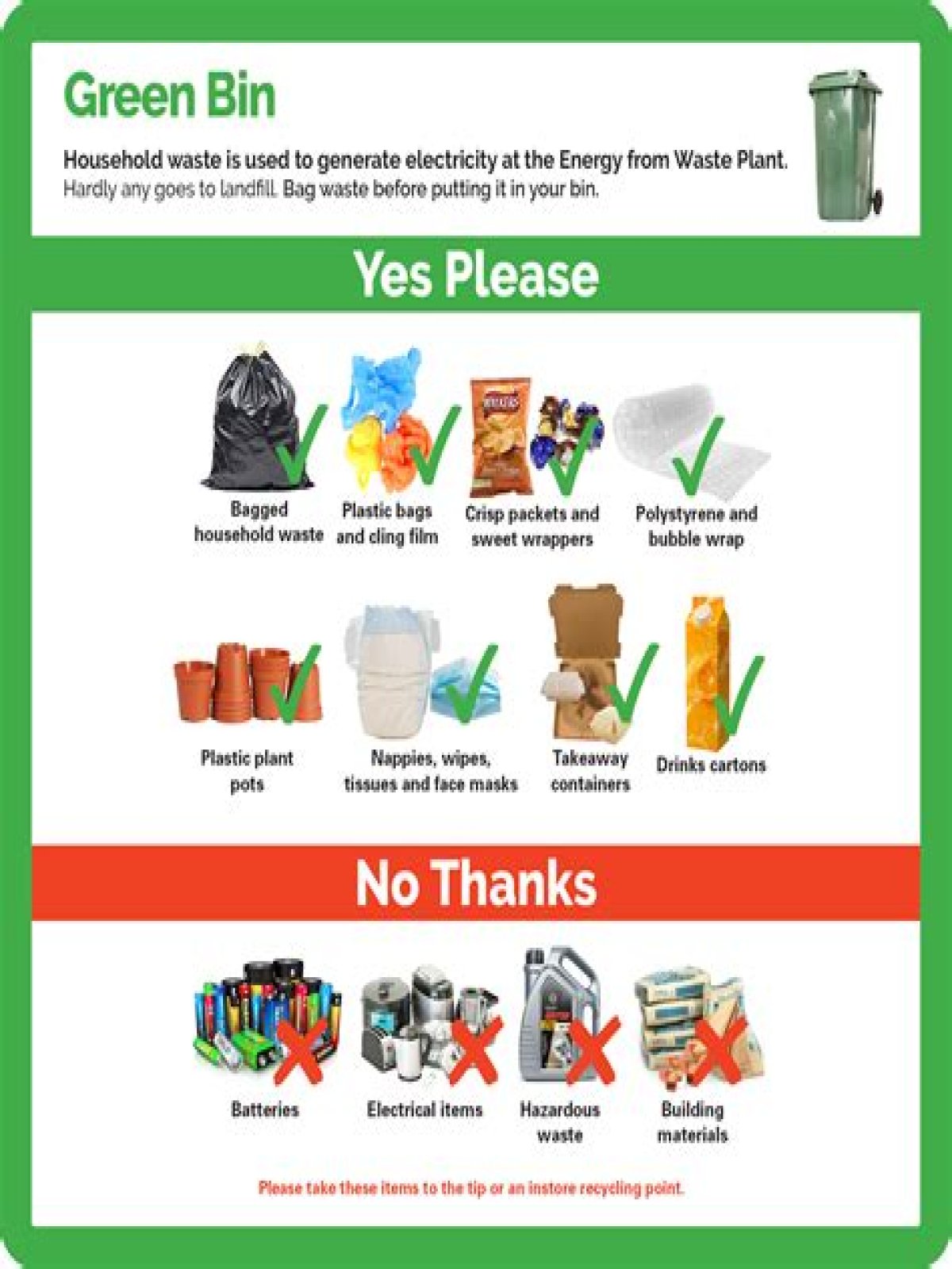What can I put in the green recycle bin?
